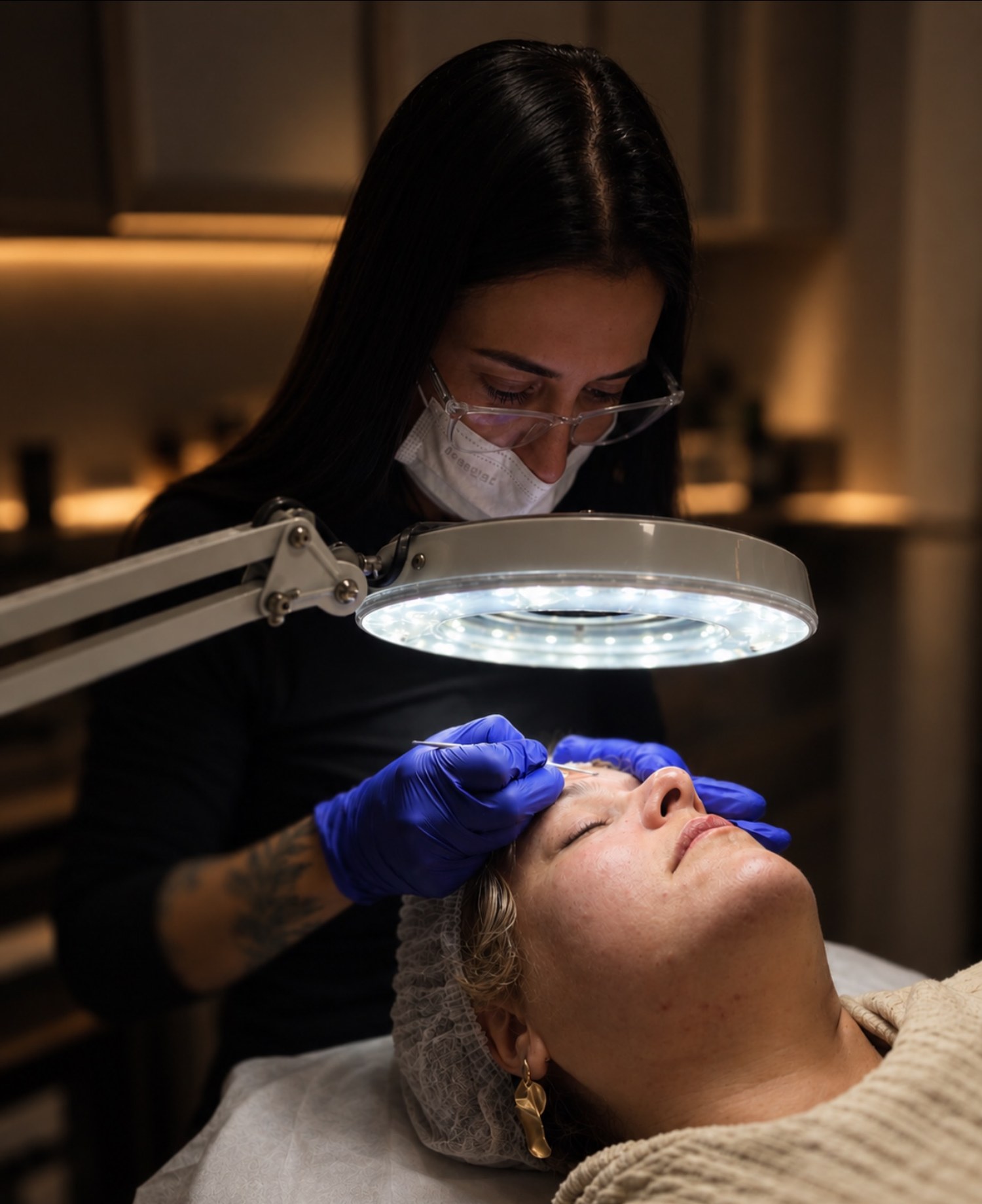 Profissional realizando limpeza de pele sob lupa na Fabiana Jorge Estética Avançada